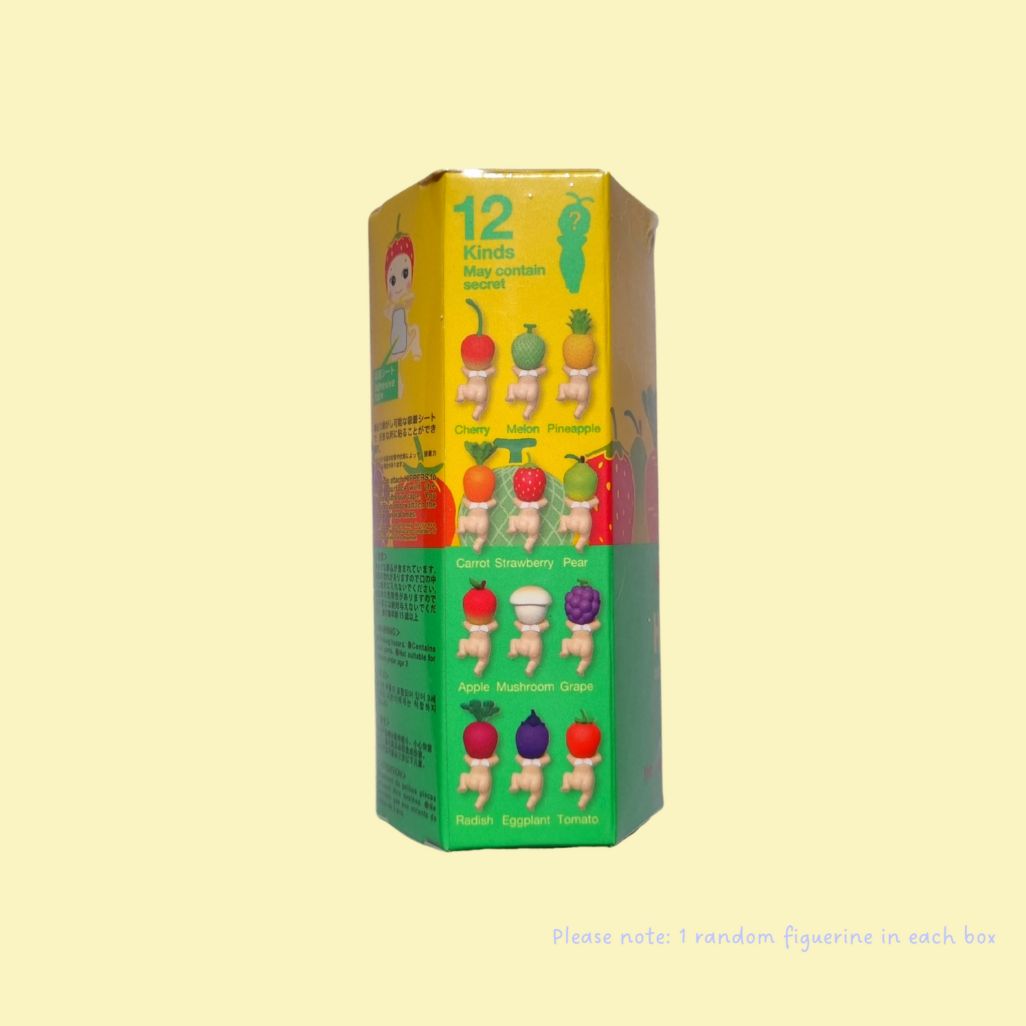 Backview of blind box of fruit series Sonny Angel hipper on a pale yellow background. Box has view of all possible collectables inside