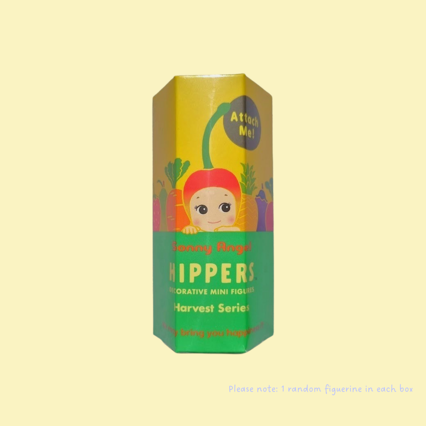 Front view of blind box of fruit series Sonny Angel hipper on a pale yellow background