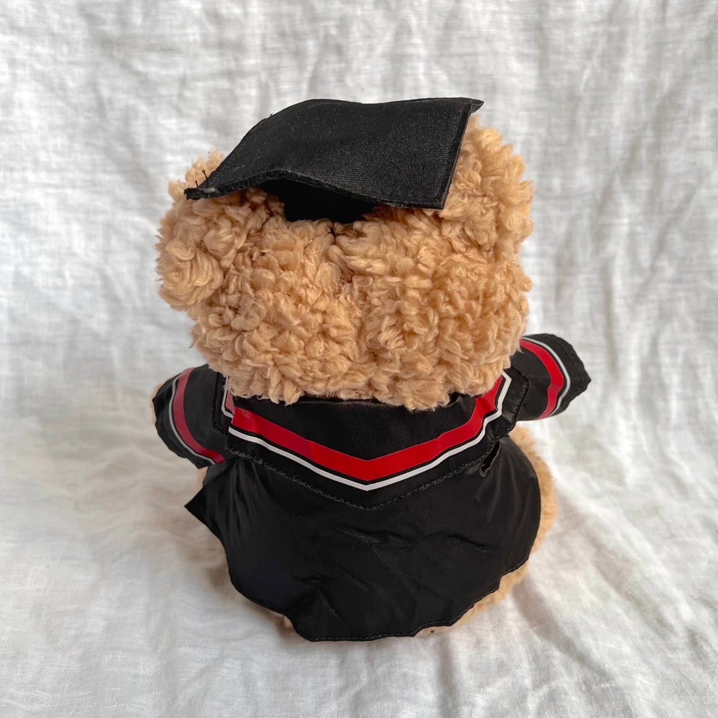 Back view of fluffy brown bear with graduation cap and gown containing red tassles and stripes