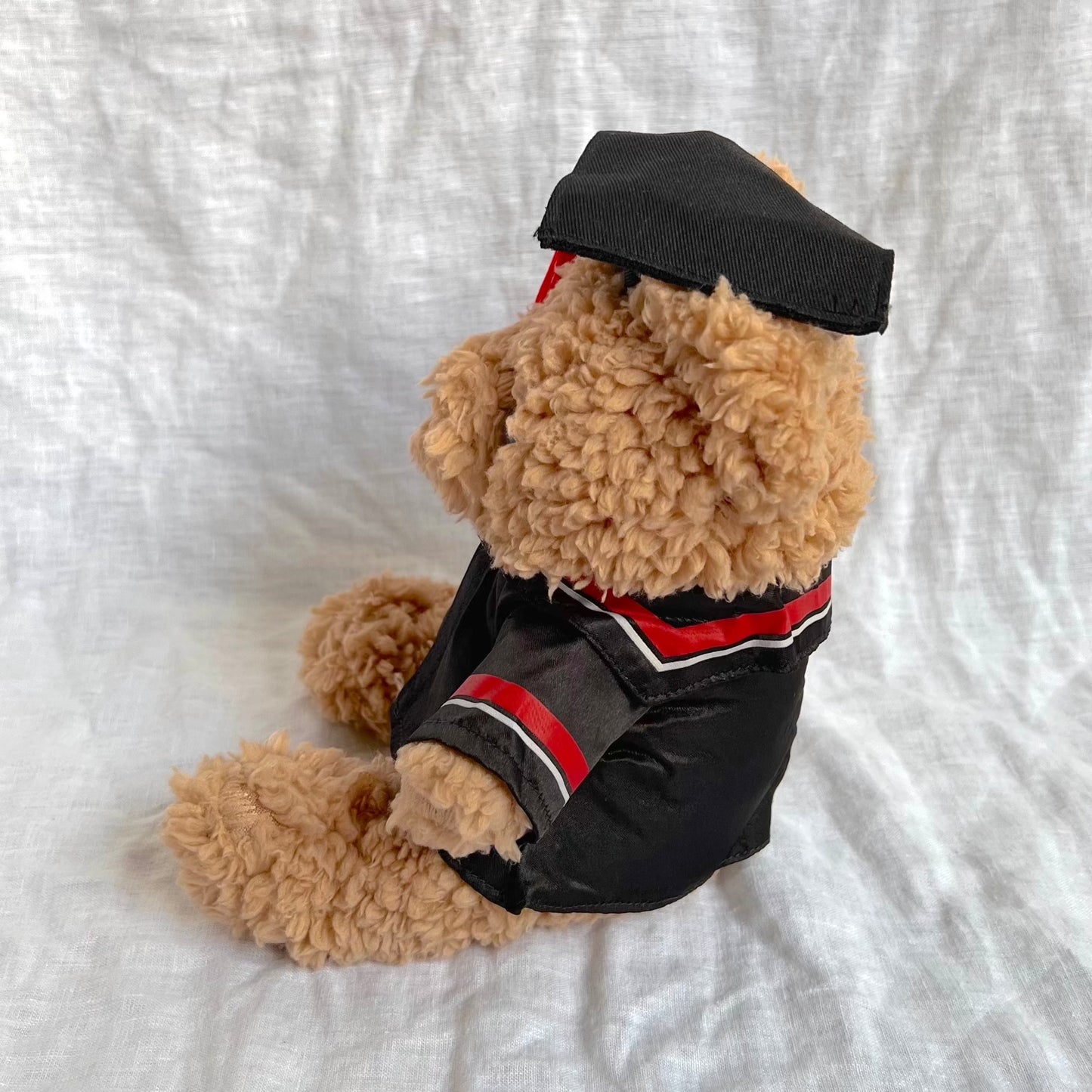 Side view of fluffy brown bear with graduation cap and gown containing red tassles and stripes