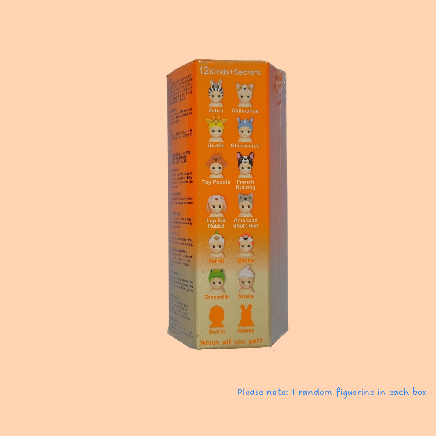 Back view of orange Sonny Angel volume 3 box on a light orange background. Dog Sonny angel the front of the box