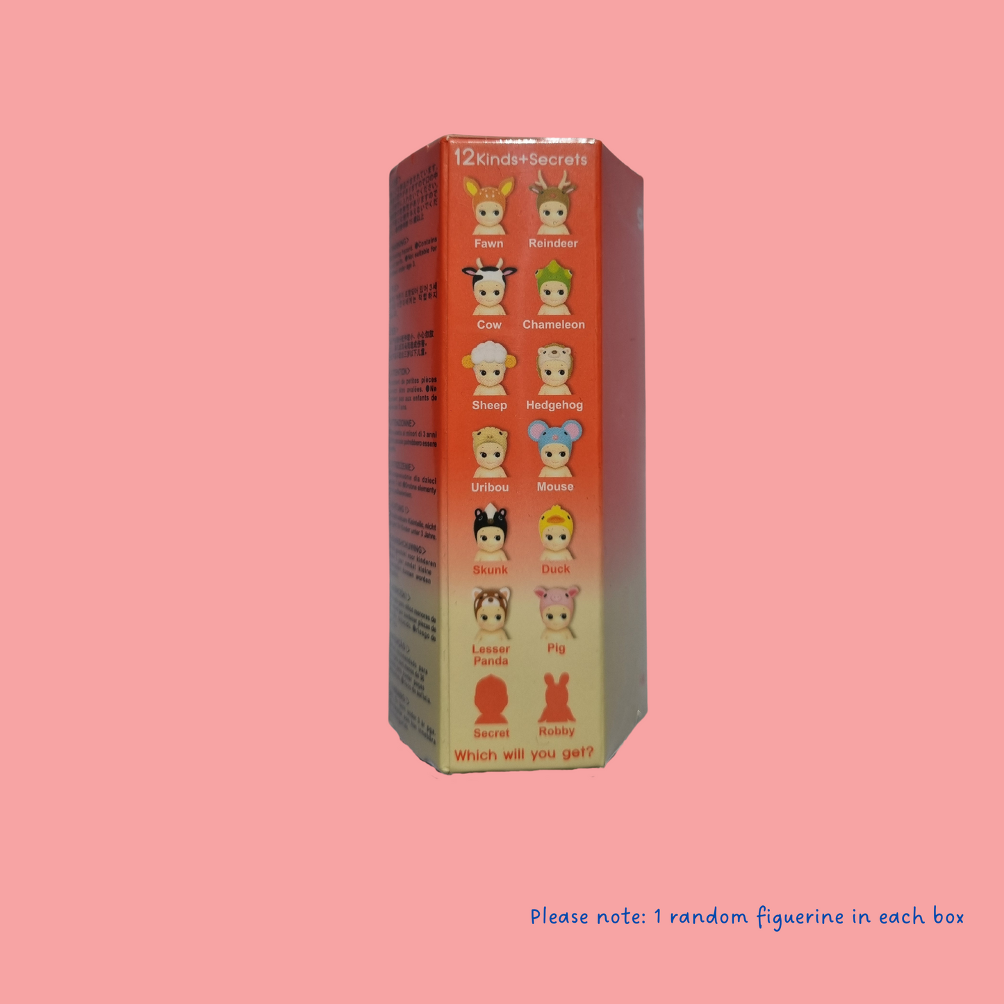 Back view of pink Sonny Angel volume 3 box on a light pink background. View of all possible collectibles