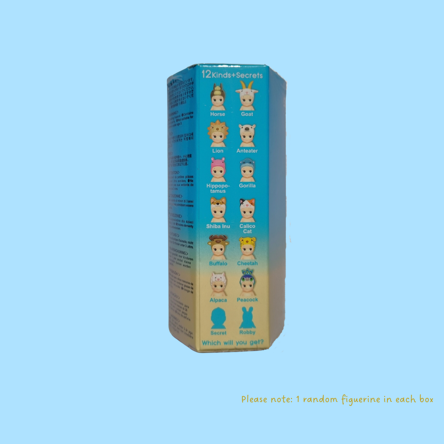 Back view of blue Sonny Angel volume 4 box. Different sonny angel collectibles on the box