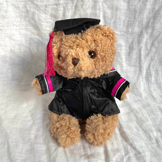 Front view of fluffy brown bear with graduation cap and gown containing pink tassles and stripes