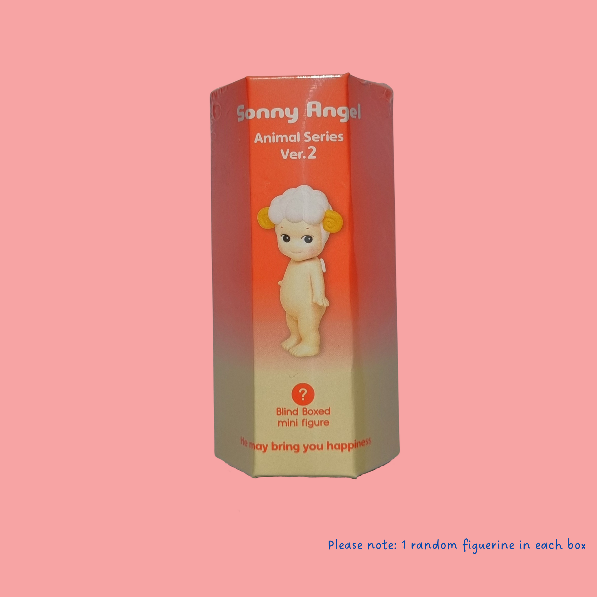 Front view of pink Sonny Angel volume 2 box on a light pink background. Sheep Sonny angel the front of the box 