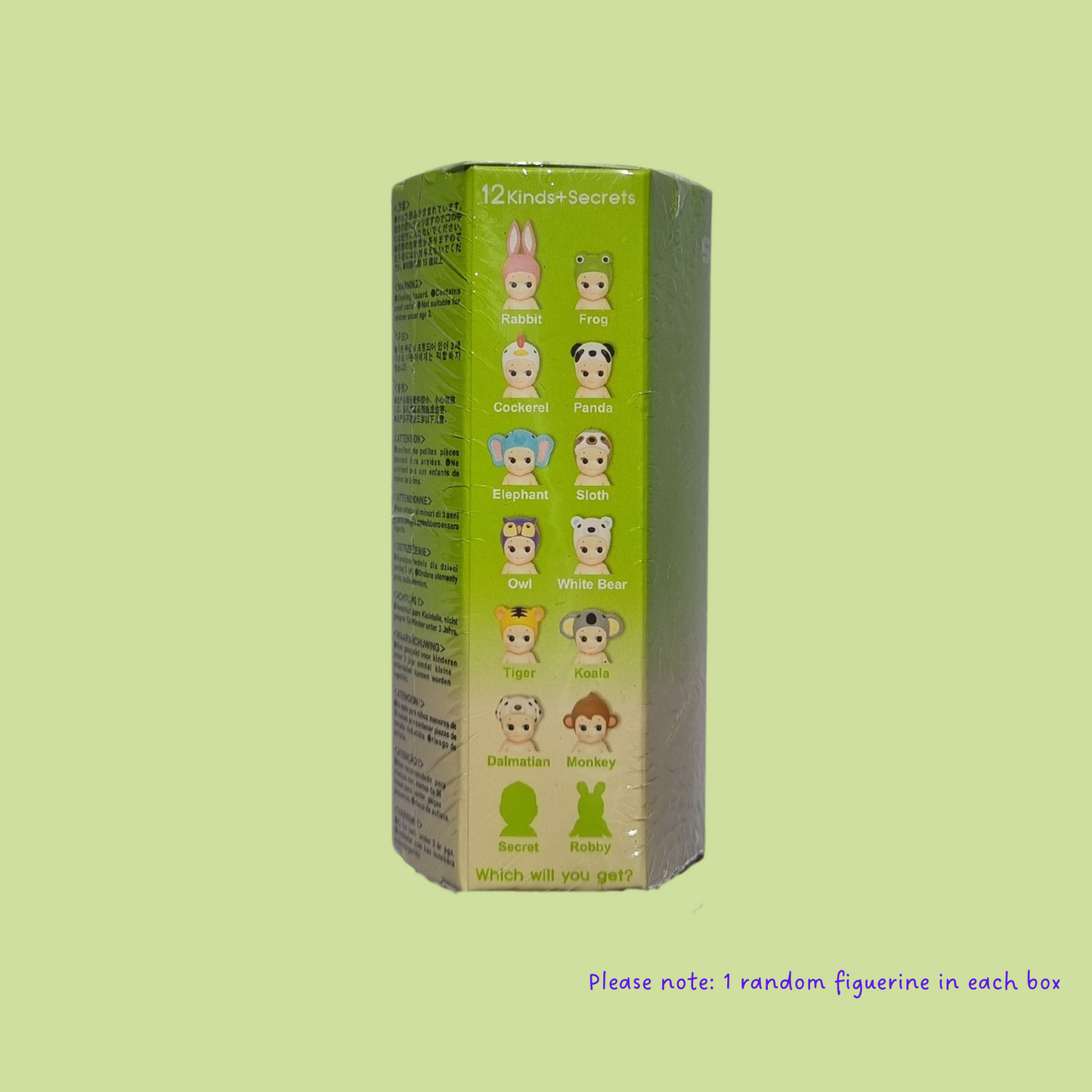 Front view of green Sonny Angel volume 3 box on a green background. View of all possible collectibles in the series