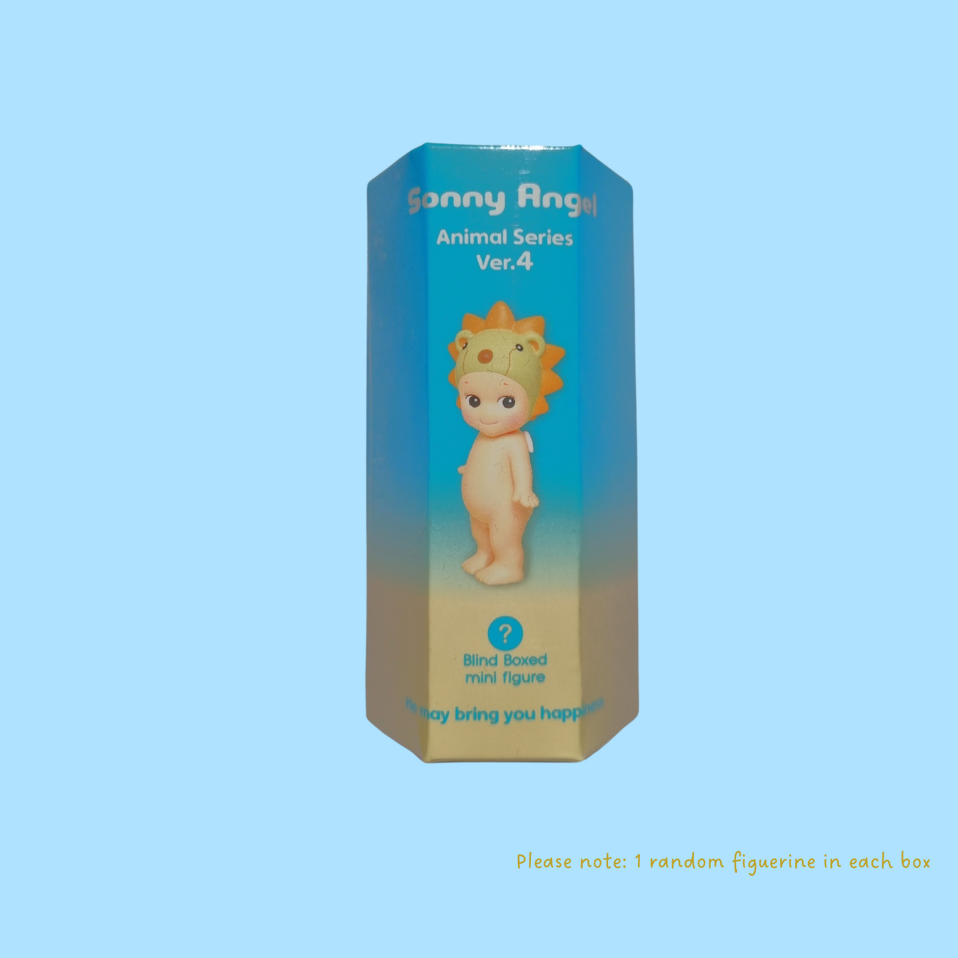 Front view of blue Sonny Angel volume 4 box. Lion Sonny angel the front of the box 
